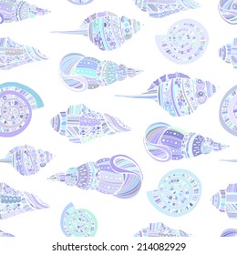 Perfect vintage vector seamless pattern with white seashells. Beautiful tropical background design  Cute fully editable illustration drawn in vector by hand. 