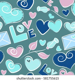 Perfect for wallpaper, web page, textile, greeting cards and wedding invitations. Doodle elements. Vector Valentine seamless pattern with hearts, flower and love text in blue colors.