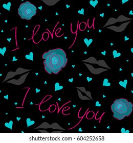 Perfect for wallpaper, web page, textile, greeting cards and wedding invitations. Doodle elements on a black background. Vector Valentine seamless pattern with hearts in gray, blue and magenta colors.