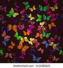 Perfect for wallpapers, web page backgrounds, surface textures, textile. Pictures in brown, yellow and blue colors witg tropical butterflies. Vector butterflies pattern. Abstract seamless background.