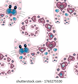 Perfect for wallpapers, web page backgrounds, surface textures, textile. Design on pink, neutral and white versicolours. Background for Fabric, Textile, Print, Invitation. Vector. Seamless pretty cat.
