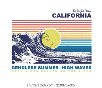 The perfect wave, California, beach text with waves and sun vector illustrations. For t-shirt prints and other uses. California theme text with waves, sun vector illustrations. 