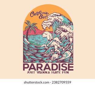 Perfect wave. Long beach summer time print design artwork. Beach Paradise Print t shirt graphics design, typography slogan on palm trees background. Summer beach vibes. California surfing club.