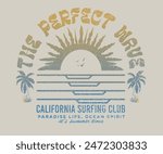 Perfect wave. Summer vector graphic design for apparel, stickers, posters, background and others. Surfing club vector design. Beach paradise artwork. Palm beach club. California surfing club.