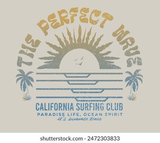 Perfect wave. Summer vector graphic design for apparel, stickers, posters, background and others. Surfing club vector design. Beach paradise artwork. Palm beach club. California surfing club.