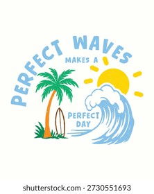 Olas perfectas Ilustración de playa Gráfico de surf de verano con sol de palmera y ola del océano
