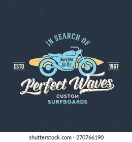 Perfect Waves Bike with Surfboard Abstract Retro Vector Label or Logo Template on a Textured Background. Good for Posters, T-shirt Prints etc.