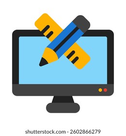 Perfect for web design or education projects. Featuring a computer monitor with two colorful pencils crossed, ideal for creatives.