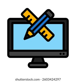 Perfect for web design or education projects. Featuring a computer monitor with two colorful pencils crossed, ideal for creatives.