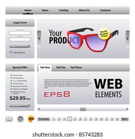 Perfect Web Elements Template Design Gray: Buttons, Form, Slider, Scroll, Tab, Menu, Navigation Bar, Login, Pagination, Sticker