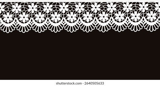 Perfect white real Lace template design. Vector illustration of handmade Lace Frame isolated black background. EPS 10