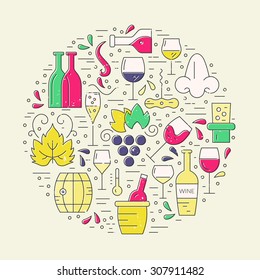 Perfect winedesign element for flyer, banner or advertising campaign. Wine design elements in circle shape - corckscrew, bottles, glasses, wine splashes. 
