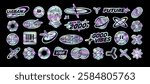 Perfect Y2K holographic stickers pack of text quotes label collection. Aesthetic of retro futurism 2000s stickers with text. Black and white cyberpunk style elements