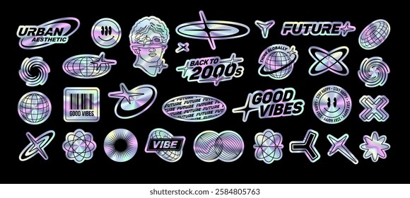 Perfect Y2K holographic stickers pack of text quotes label collection. Aesthetic of retro futurism 2000s stickers with text. Black and white cyberpunk style elements