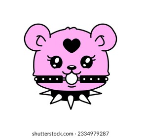 Perfect Y2k Teddy Bear toy aesthetic 2000s style tattoo or sticker design. Gothic punk teddy bear toy in studded collar and ball gag. Gothic 00's sticker black and pink colors. Isolated vector 