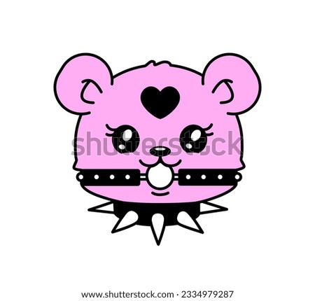 Perfect Y2k Teddy Bear toy aesthetic 2000s style tattoo or sticker design. Gothic punk teddy bear toy in studded collar and ball gag. Gothic 00's sticker black and pink colors. Isolated vector 