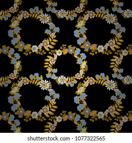 Perfect for your project, wedding, greeting card, packaging, wallpaper, pattern, texture, cover, Birthday. Lovely seamless pattern with abstract vector flowers in brown, yellow and blue colors.