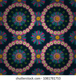 Perfect for your project, wedding, greeting card, packaging, wallpaper, pattern, texture, cover, Birthday. Lovely seamless pattern with abstract vector flowers in black, pink and green colors.