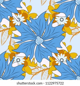 Perfect for your project, wedding, greeting card, packaging, wallpaper, pattern, texture, cover, Birthday. Lovely seamless pattern with abstract vector flowers in blue, yellow and gray colors.