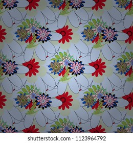 Perfect for your project, wedding, greeting card, packaging, wallpaper, pattern, texture, cover, Birthday. Lovely seamless pattern with abstract vector flowers in red, blue and gray colors.