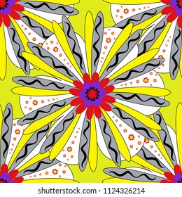 Perfect for your project, wedding, greeting card, packaging, wallpaper, pattern, texture, cover, Birthday. Lovely seamless pattern with abstract vector flowers in yellow, gray and white colors.