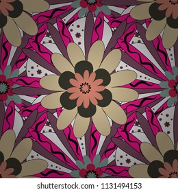 Perfect for your project, wedding, greeting card, packaging, wallpaper, pattern, texture, cover, Birthday. Lovely seamless pattern with abstract vector flowers in magenta, beige and purple colors.