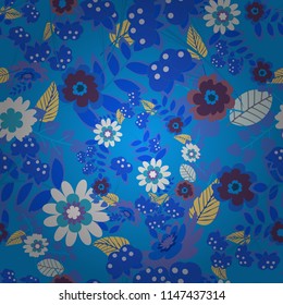Perfect for your project, wedding, greeting card, packaging, wallpaper, pattern, texture, cover, Birthday. Lovely seamless pattern with abstract vector flowers in blue, violet and brown colors.