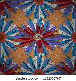 Perfect for your project, wedding, greeting card, packaging, wallpaper, pattern, texture, cover, Birthday. Lovely seamless pattern with abstract vector flowers in white, blue and orange colors.