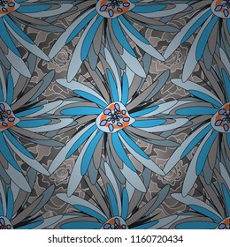 Perfect for your project, wedding, greeting card, packaging, wallpaper, pattern, texture, cover, Birthday. Lovely seamless pattern with abstract flowers in blue, brown and black colors.