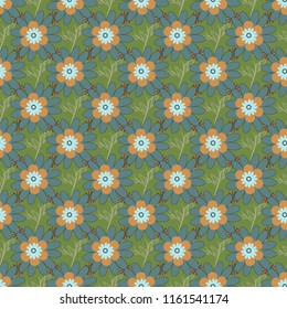 Perfect for your project, wedding, greeting card, packaging, wallpaper, pattern, texture, cover, Birthday. Lovely seamless pattern with abstract vector flowers in orange, gray and green colors.