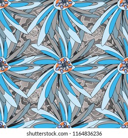 Perfect for your project, wedding, greeting card, packaging, wallpaper, pattern, texture, cover, Birthday. Lovely seamless pattern with abstract vector flowers in black, blue and gray colors.