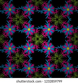 Perfect for your project, wedding, greeting card, packaging, wallpaper, pattern, texture, cover, Birthday. Lovely seamless pattern with abstract vector flowers in magenta, black and blue colors.