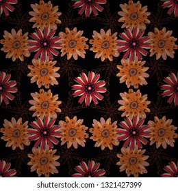 Perfect for your project, wedding, greeting card, packaging, wallpaper, pattern, texture, cover, Birthday. Lovely seamless pattern with abstract vector flowers in magenta, black and orange colors.