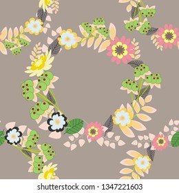 Perfect for your project, wedding, greeting card, packaging, wallpaper, pattern, texture, cover, Birthday. Lovely seamless pattern with abstract vector flowers in brown, green and beige colors.