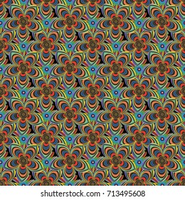 Perfect for your project, wedding, greeting card, packaging, wallpaper, pattern, texture, cover, Birthday. Lovely seamless pattern with abstract vector flowers in yellow, blue and red colors.