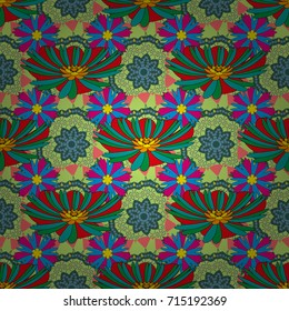 Perfect for your project, wedding, greeting card, packaging, wallpaper, pattern, texture, cover, Birthday. Lovely seamless pattern with abstract vector flowers in magenta, blue and green colors.