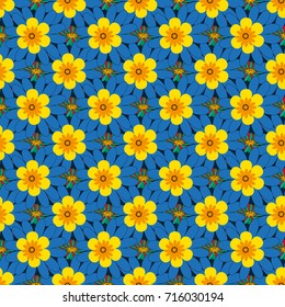 Perfect for your project, wedding, greeting card, packaging, wallpaper, pattern, texture, cover, Birthday. Lovely seamless pattern with abstract vector flowers in blue, yellow and black colors.