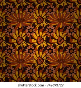 Perfect for your project, wedding, greeting card, packaging, wallpaper, pattern, texture, cover, Birthday. Lovely seamless pattern with abstract vector flowers in black, brown and orange colors.