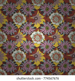 Perfect for your project, wedding, greeting card, packaging, wallpaper, pattern, texture, cover, Birthday. Lovely seamless pattern with abstract vector flowers in green, pink and brown colors.