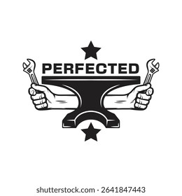Perfected Logo with Wrenches, Stars, and Laurel Badge Design