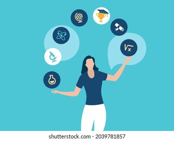 Perfection. Female student juggling icons with the theme of education. Juggling with science icons. Business vector illustration.
