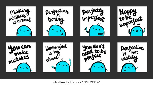 Perfección dibujada a mano con adorables malvaviscos azules en minimalismo de estilo caricaturista y letras