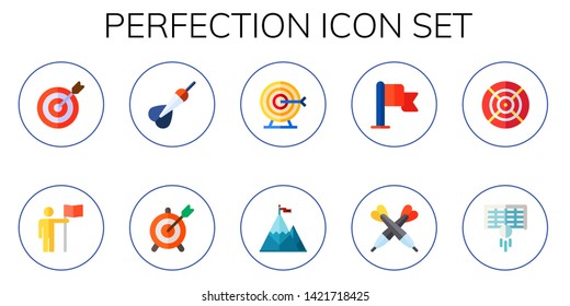 perfection icon set. 10 flat perfection icons.  Collection Of - goal, dart, darts