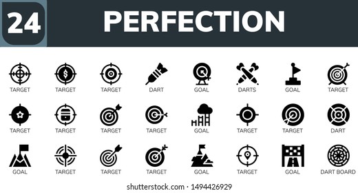 perfection icon set. 24 filled perfection icons.  Collection Of - Target, Dart, Goal, Darts, Dart board