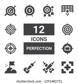 perfection icon set. Collection of 12 filled perfection icons included Target, Darts, Dart, Goal, Dart board