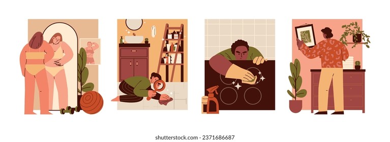 Perfectionism concepts flat set with isolated vertical compositions of doodle human characters trying to get perfection vector illustration