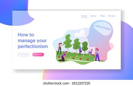 Perfectionism, Obsessive Compulsive Disorder Landing Page Template. Gardeners Characters Put Apples in Even Row Collecting and Sorting them by Colors and Sizes. Cartoon People Vector Illustration