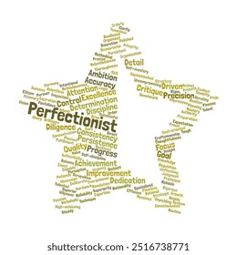 Perfeccionismo Word Cloud. Composição de Termos Associados a Altos Padrões, Precisão e Realização. Concentre-se na precisão e na excelência. Fundo Branco Isolado.