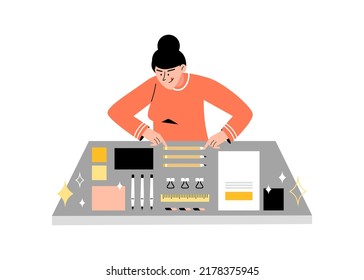 Perfectionist arranges items on the table in order, flat vector illustration isolated on white background. Perfectionism or OCD obsessive-compulsive disorder.