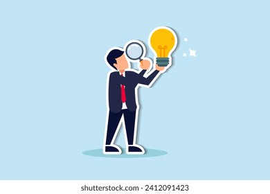 Perfectionist, too much attention to details, high standard goal, focus on perfect result concept, perfectionist businessman with magnifying glass looking at every details of lightbulb idea.